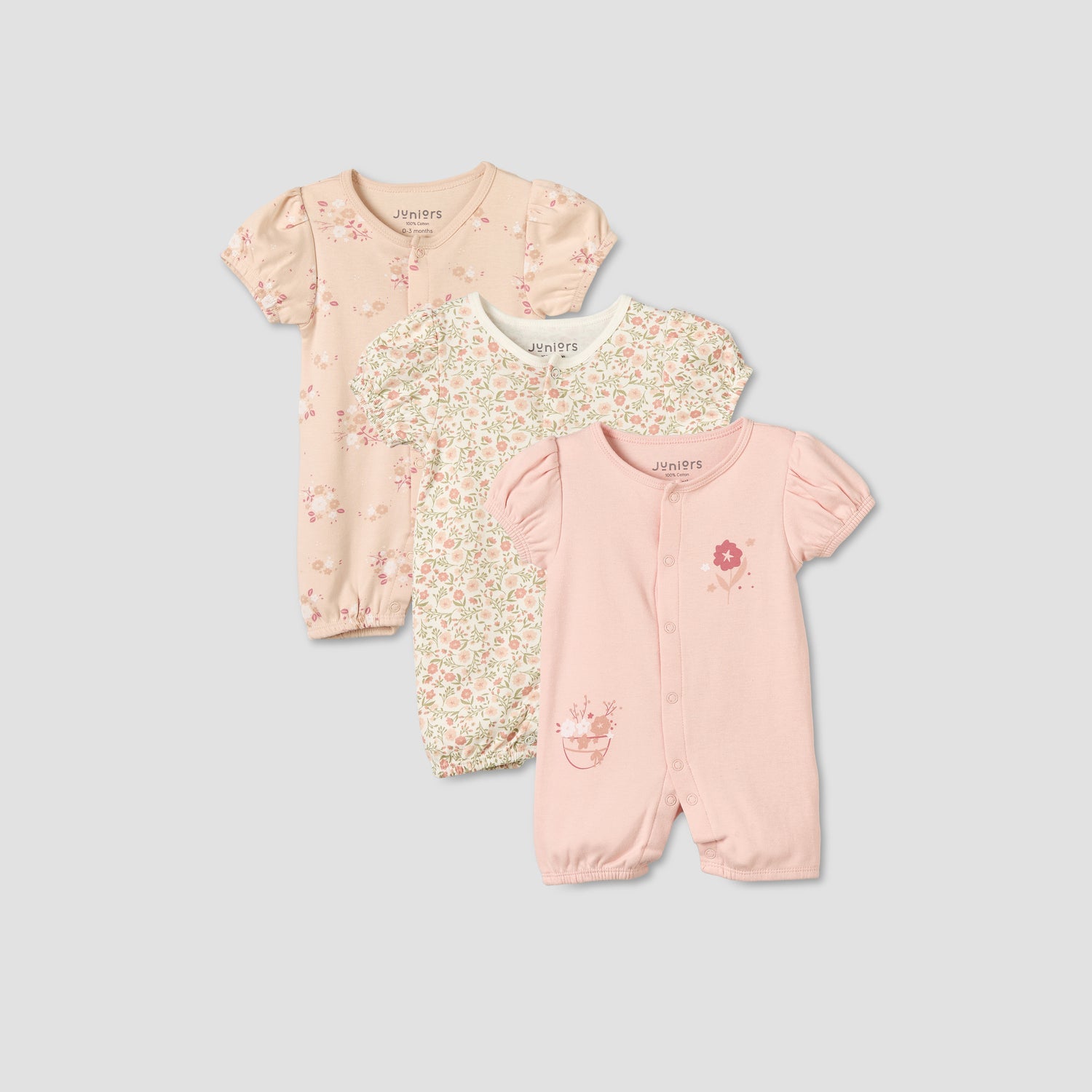 Pack of 3 Juniors Round Neck Short Sleeves Romper with Floral Print - Pink / 12-18 mths