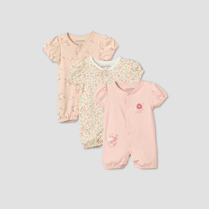 Pack of 3 Juniors Round Neck Short Sleeves Romper with Floral Print - Pink / 12-18 mths