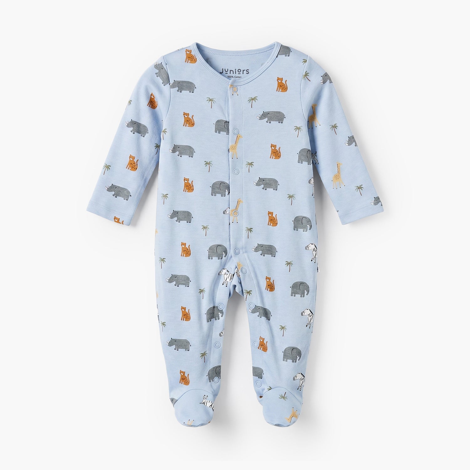 Juniors Cotton Crew Neck Long Sleeves Sleepsuit with Safari Print - Blue / 9-12 mths