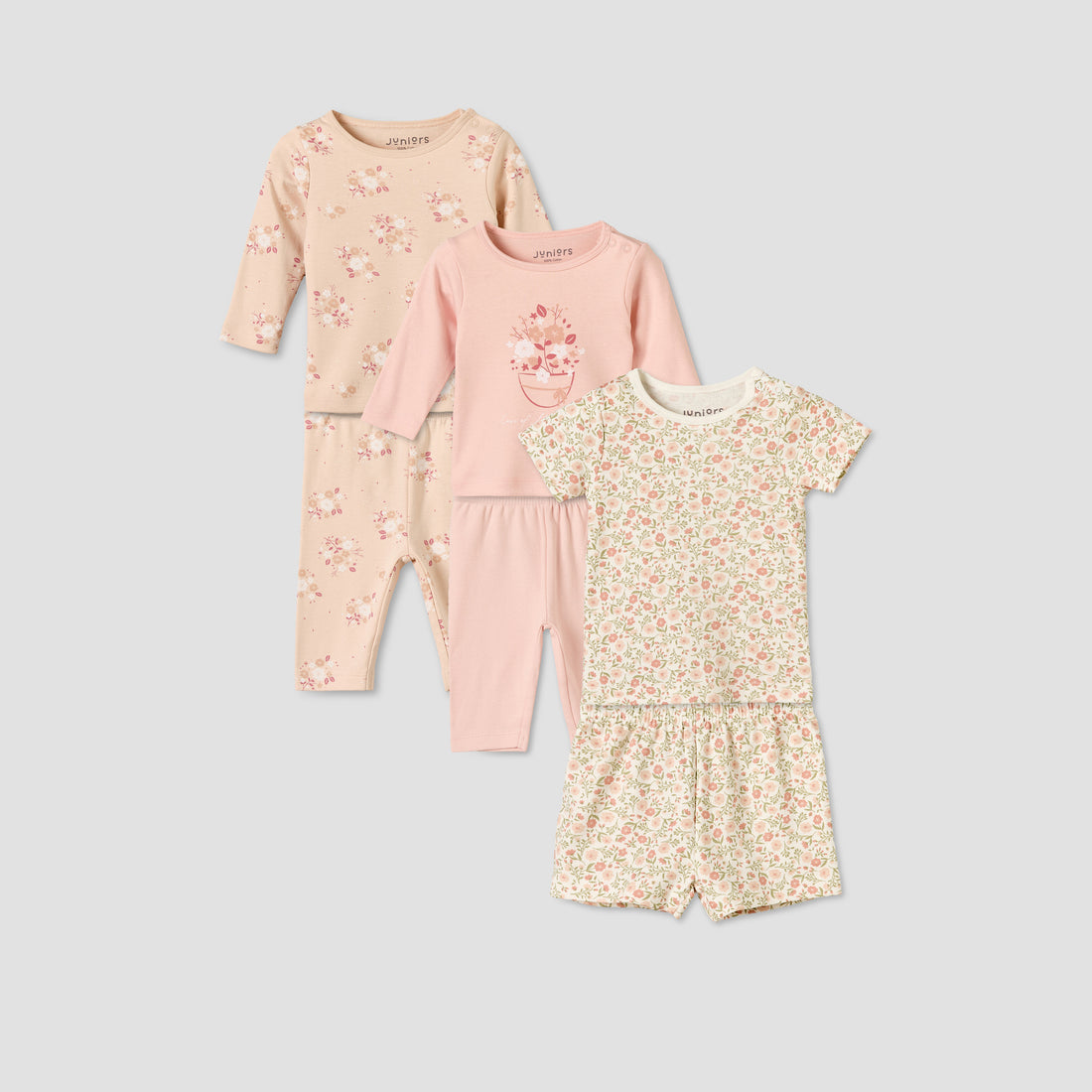 Set of 3 Juniors Cotton Round Neck Pyjama Set with Floral Print - Pink / 12-18 mths