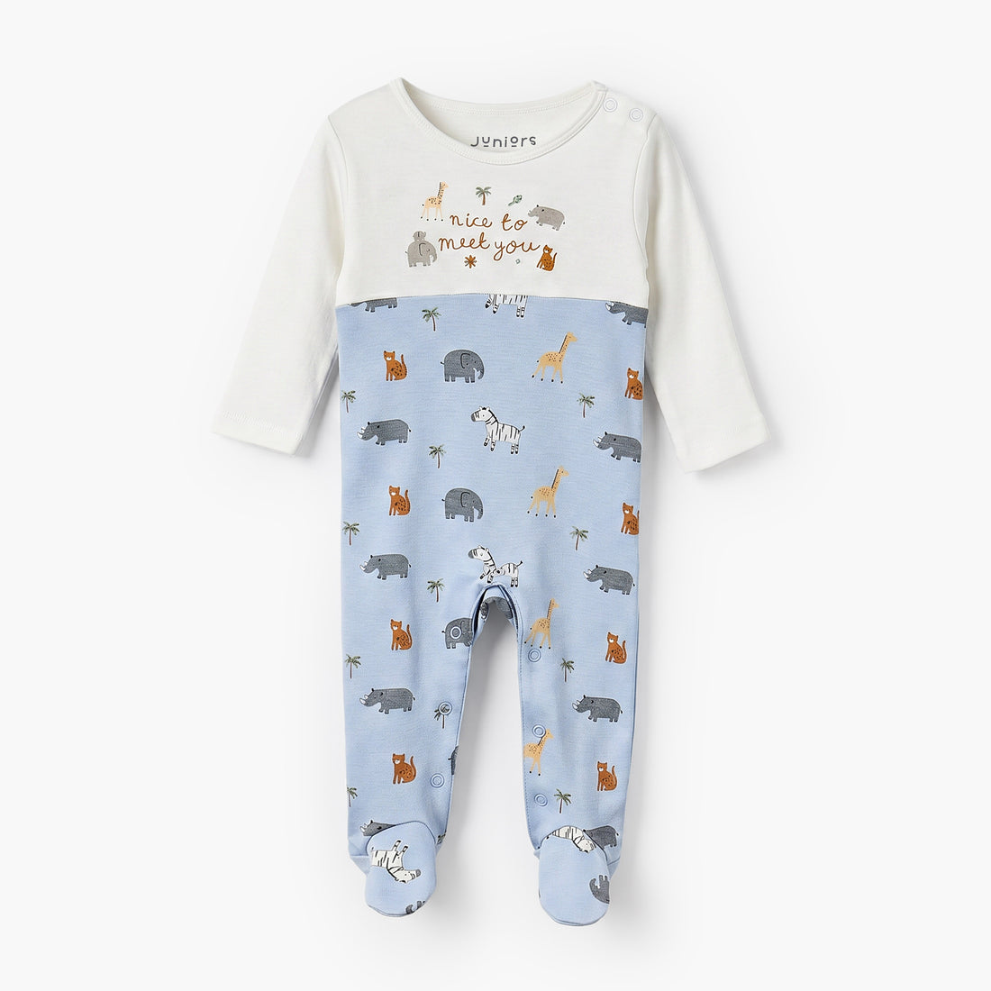 Juniors Cotton Crew Neck Long Sleeves Sleepsuit with Safari Print - Blue / 9-12 mths