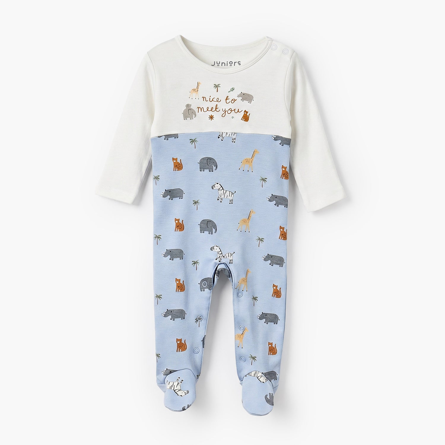 Juniors Cotton Crew Neck Long Sleeves Sleepsuit with Safari Print - Blue / 9-12 mths