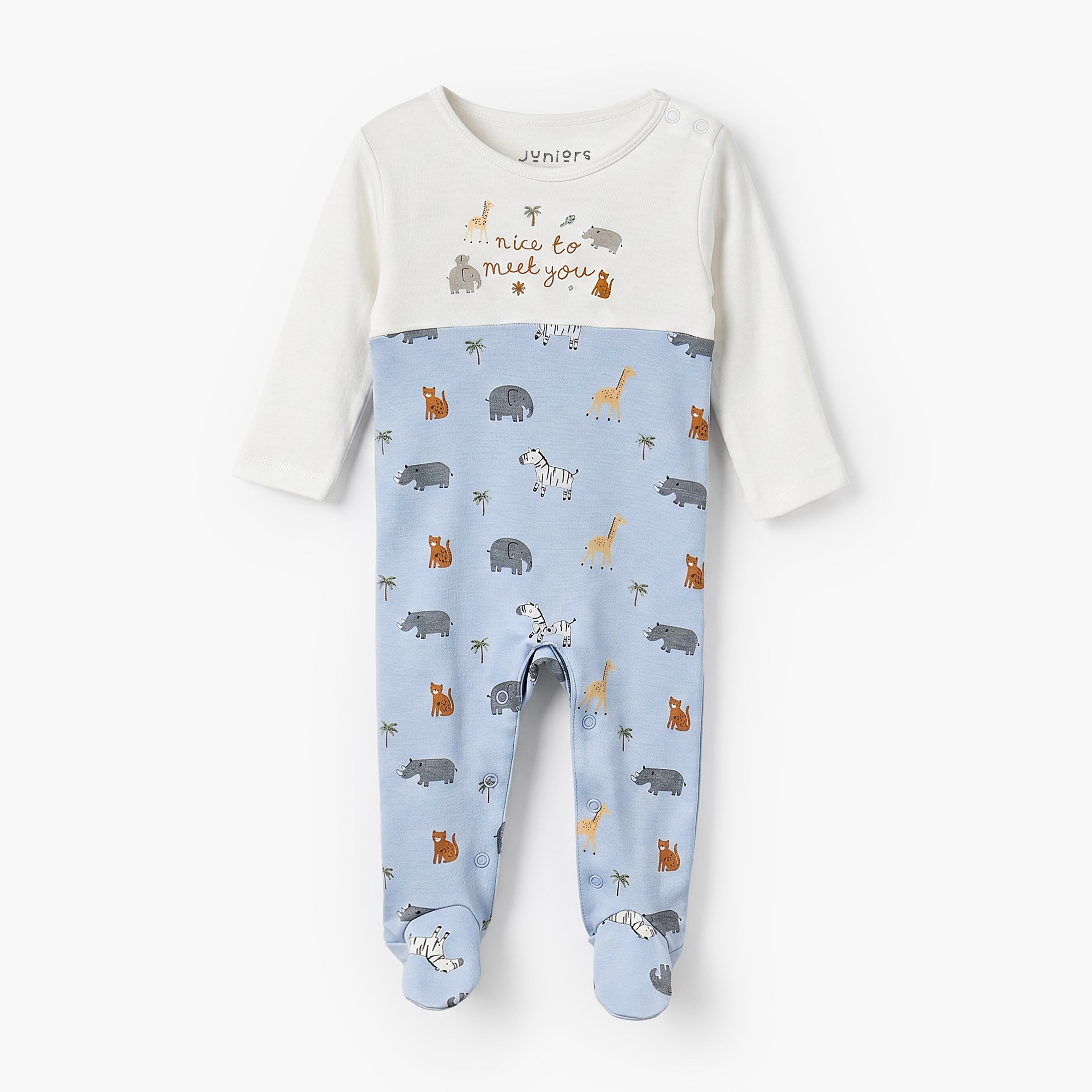 Juniors Cotton Crew Neck Long Sleeves Sleepsuit with Safari Print - Blue / 9-12 mths