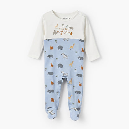 Juniors Cotton Crew Neck Long Sleeves Sleepsuit with Safari Print - Blue / 9-12 mths