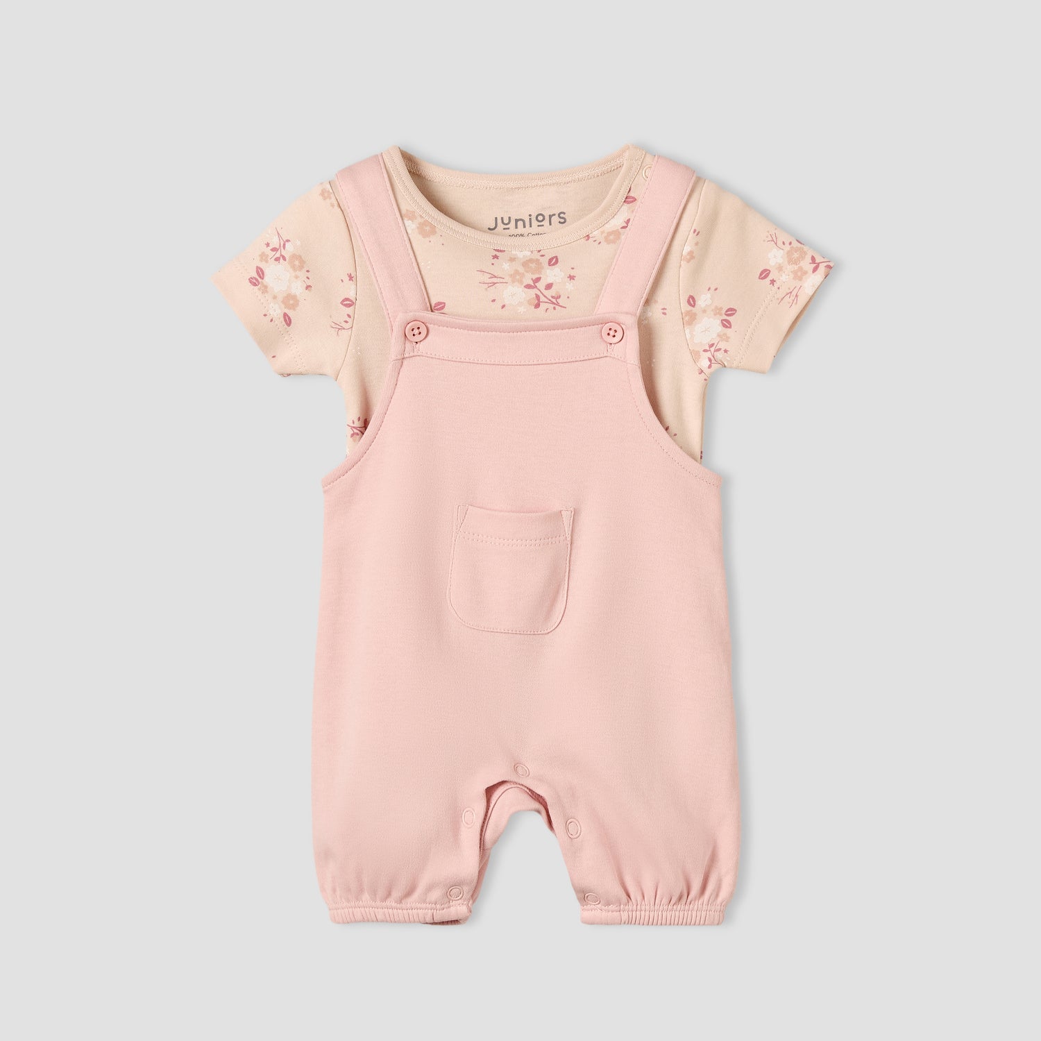 Juniors Round Neck Short Sleeves T-shirt and Dungaree Set with Floral Print - Pink / 12-18 mths