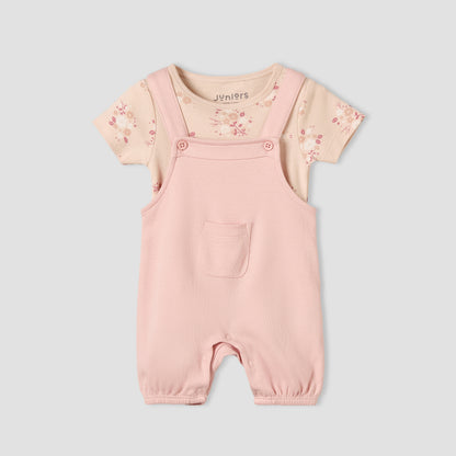 Juniors Round Neck Short Sleeves T-shirt and Dungaree Set with Floral Print - Pink / 12-18 mths
