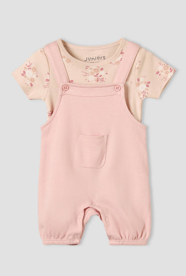 Juniors Round Neck Short Sleeves T-shirt and Dungaree Set with Floral Print