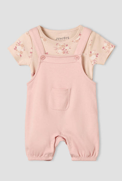 Juniors Round Neck Short Sleeves T-shirt and Dungaree Set with Floral Print