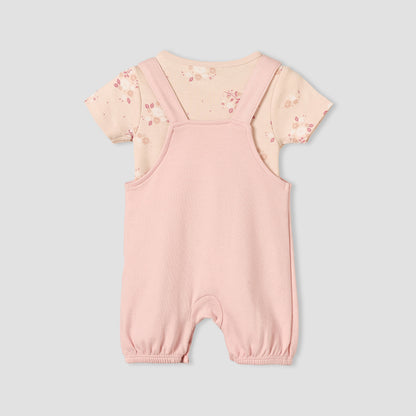 Juniors Round Neck Short Sleeves T-shirt and Dungaree Set with Floral Print