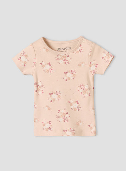 Juniors Round Neck Short Sleeves T-shirt and Dungaree Set with Floral Print-baby-girls-clothing-setsandcoords-image-3