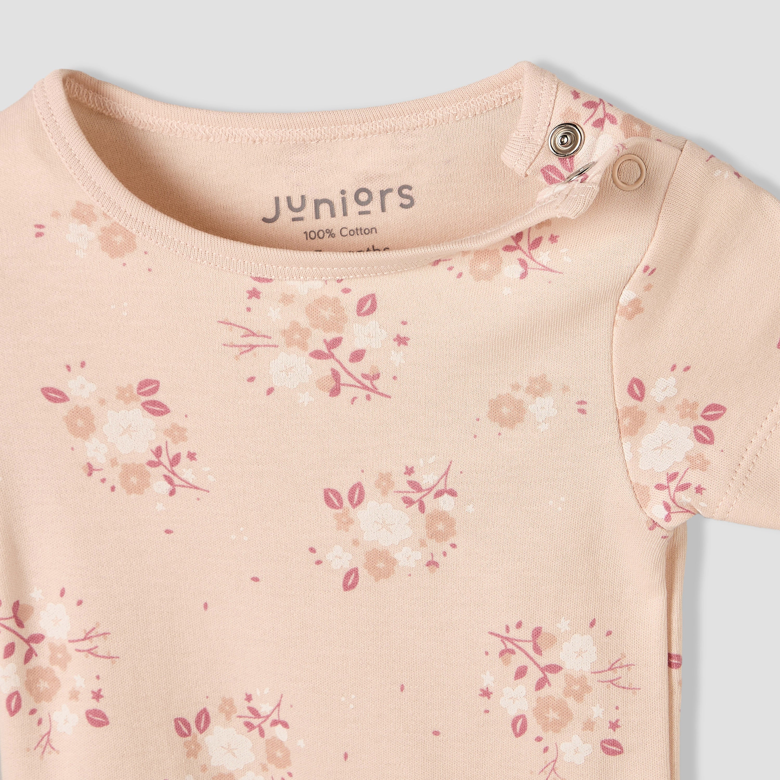 Juniors Round Neck Short Sleeves T-shirt and Dungaree Set with Floral Print
