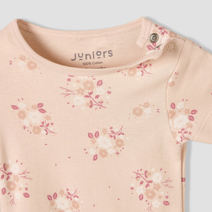 Juniors Round Neck Short Sleeves T-shirt and Dungaree Set with Floral Print