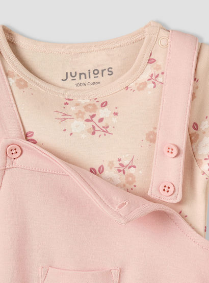 Juniors Round Neck Short Sleeves T-shirt and Dungaree Set with Floral Print-baby-girls-clothing-setsandcoords-image-7