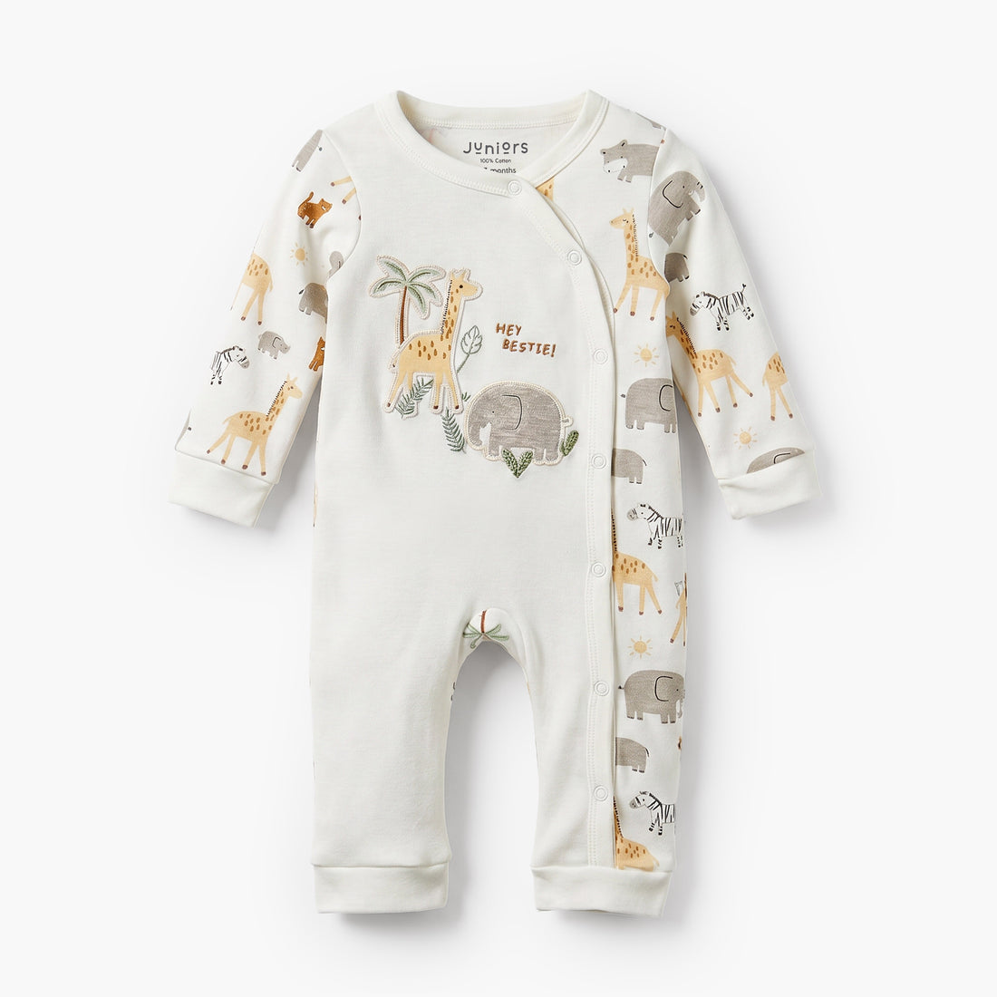 Juniors Cotton Crew Neck Long Sleeves Sleepsuit with Safari Print - Cream / 12-18 mths