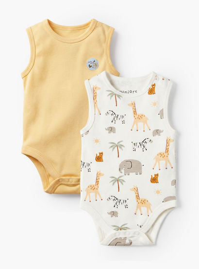 Pack of 2 Juniors Crew Neck Sleeveless Bodysuit with Safari Print-baby-boys-clothing-bodysuits-image-1