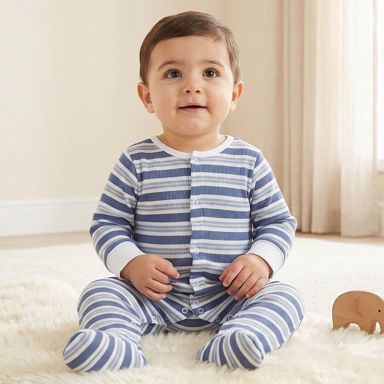 Pack of 2 Juniors Crew Neck Long Sleeves Sleepsuit with Snap Button Closure - Blue / 9-12 mths