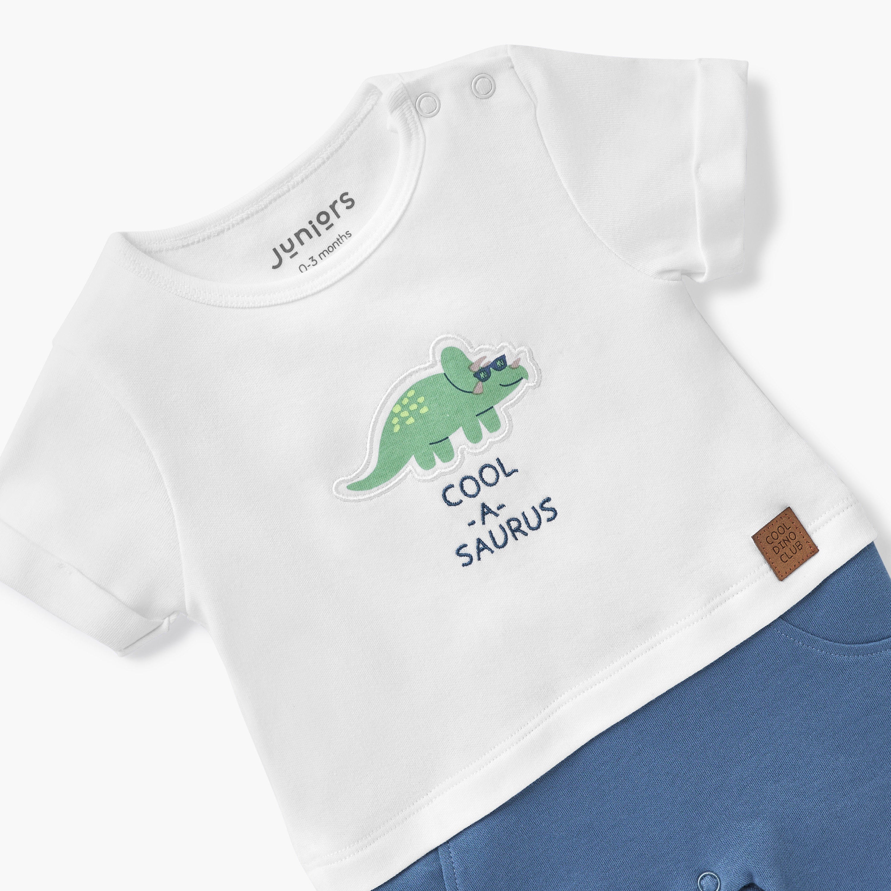Juniors Dinosaur Applique Romper with Round Neck and Short Sleeves