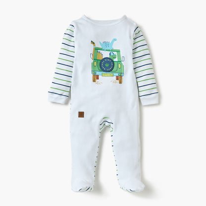 Juniors Dinosaur Print Sleepsuit with Long Sleeves and Button Closure - Multicolour / 9-12 mths