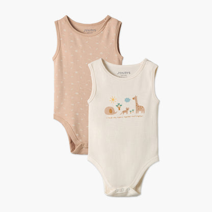 Pack of 2 Juniors Round Neck Sleeveless Bodysuit with Assorted Design - Brown / 12-18 mths