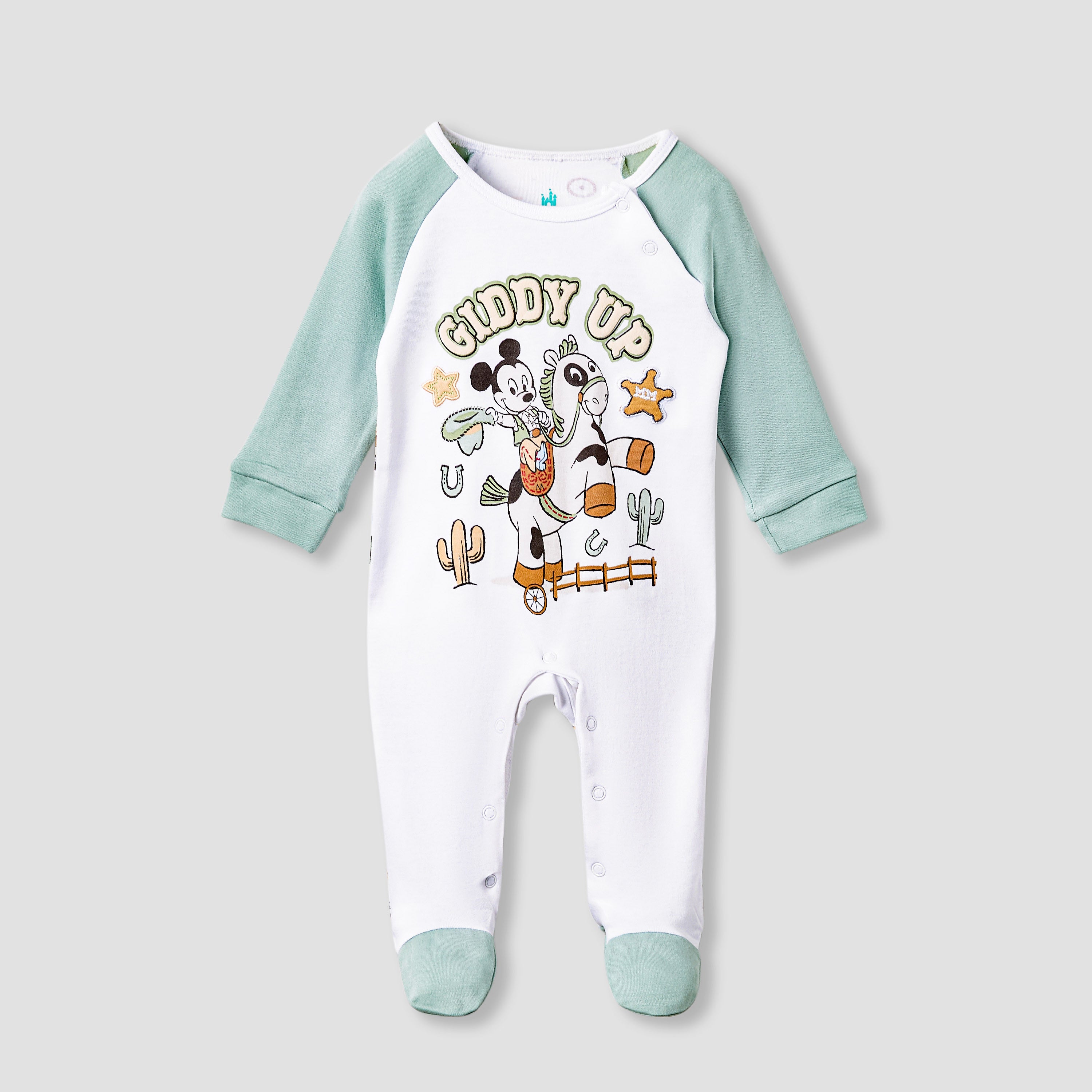 Disney Mickey Mouse Print Sleepsuit with Long Sleeves and Button Closure - Green / 9-12 mths