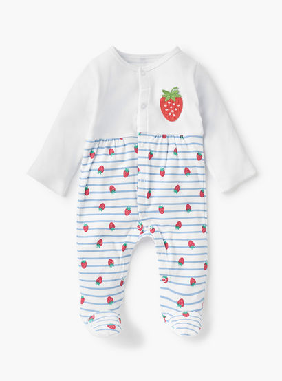 Juniors All-Over Strawberry Print Closed Feet Sleepsuit with Round Neck and Long Sleeves-baby-girls-clothing-nightwear-sleepsuits-image-1