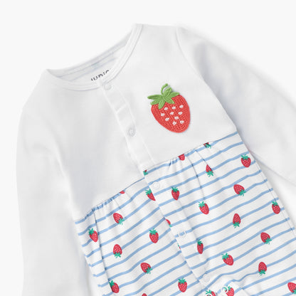 Juniors All-Over Strawberry Print Closed Feet Sleepsuit with Round Neck and Long Sleeves