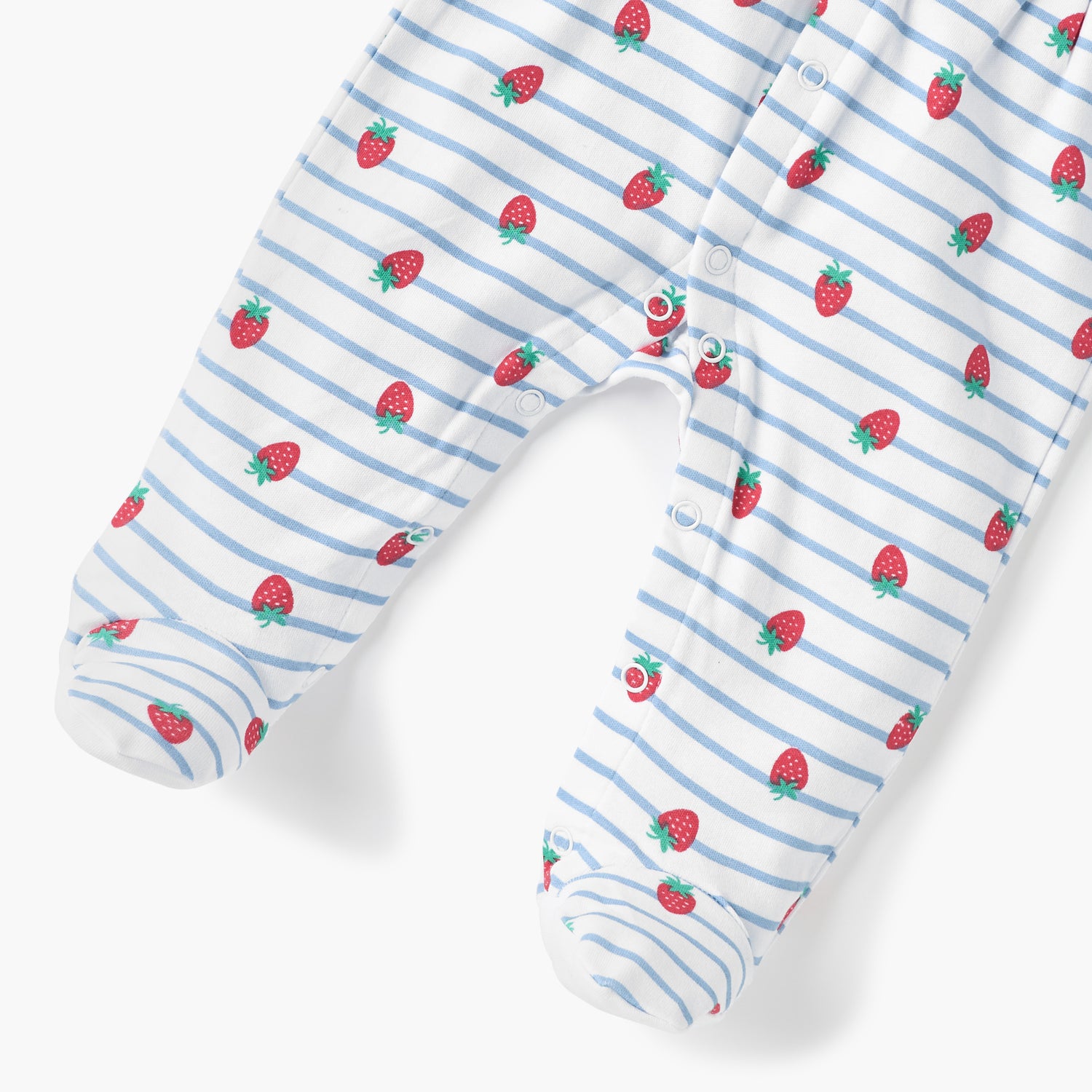 Juniors All-Over Strawberry Print Closed Feet Sleepsuit with Round Neck and Long Sleeves
