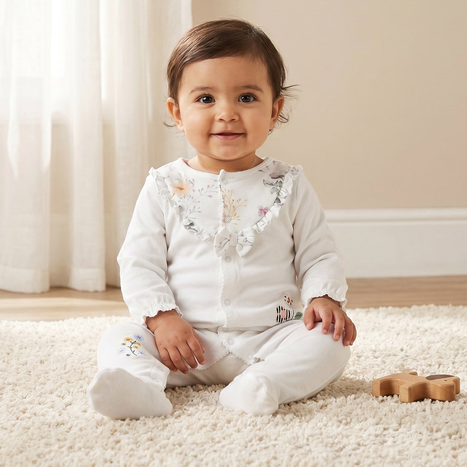 Juniors Cotton Round Neck Long Sleeves Sleepsuit with Floral Print - White / 9-12 mths