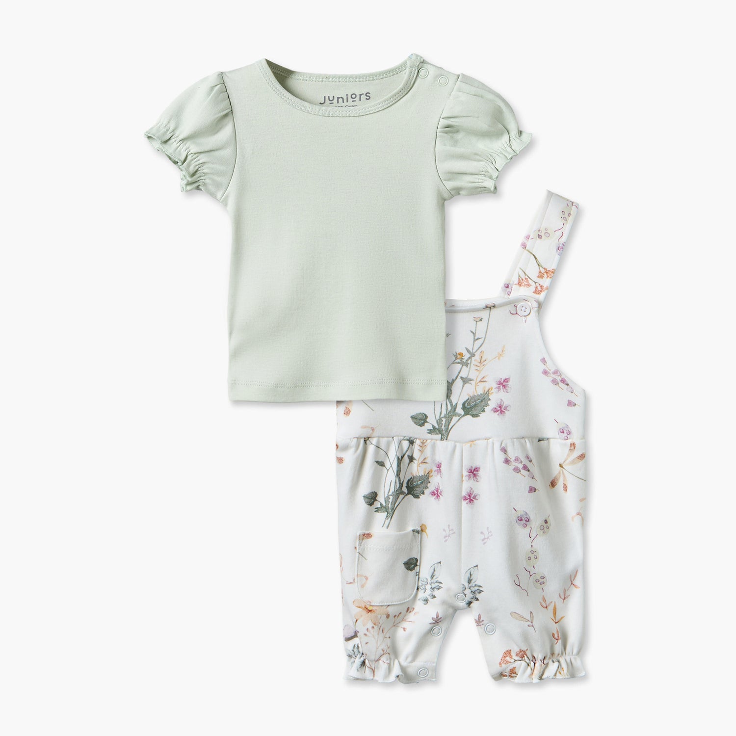 Juniors Round Neck Short Sleeves Top and Dungaree Set with Floral Print - White / 12-18 mths