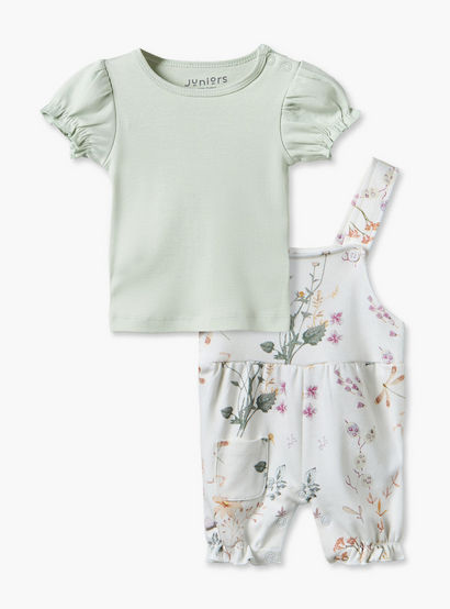 Juniors Round Neck Short Sleeves Top and Dungaree Set with Floral Print-baby-girls-clothing-setsandcoords-image-1