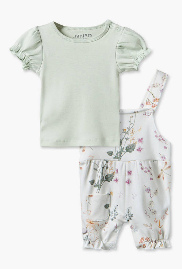 Juniors Round Neck Short Sleeves Top and Dungaree Set with Floral Print