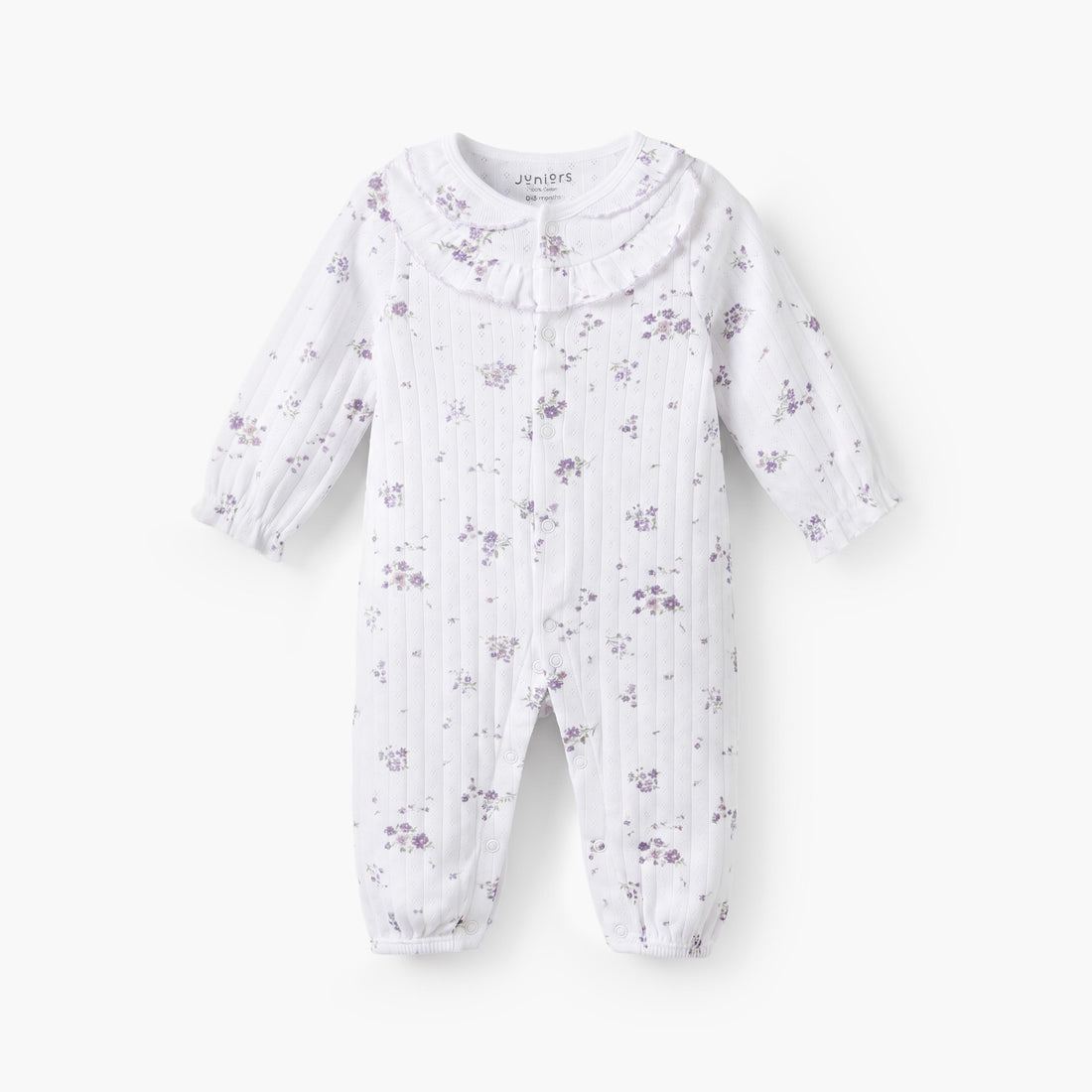 Juniors Cotton Crew Neck Long Sleeves Sleepsuit with Floral Print - White / 12-18 mths