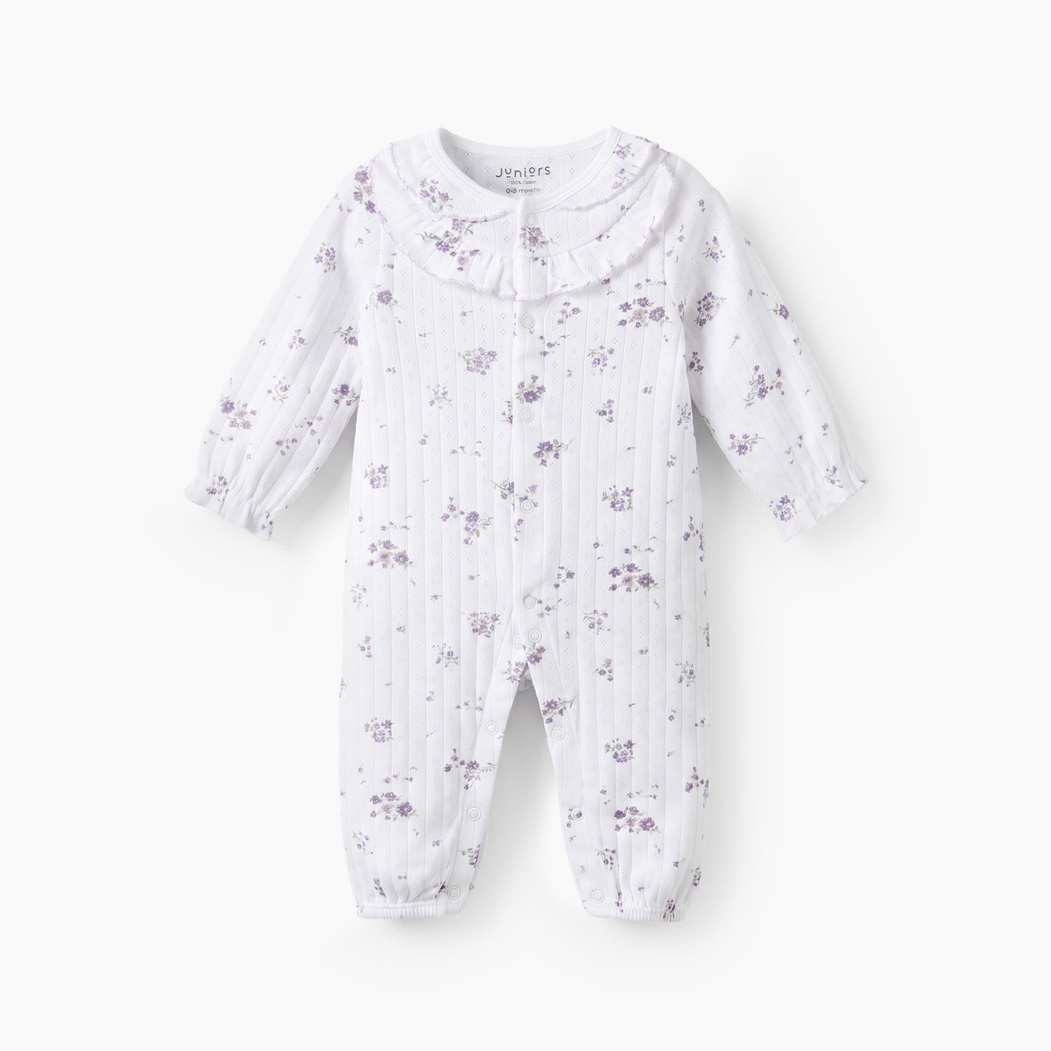 Juniors Cotton Crew Neck Long Sleeves Sleepsuit with Floral Print - White / 12-18 mths