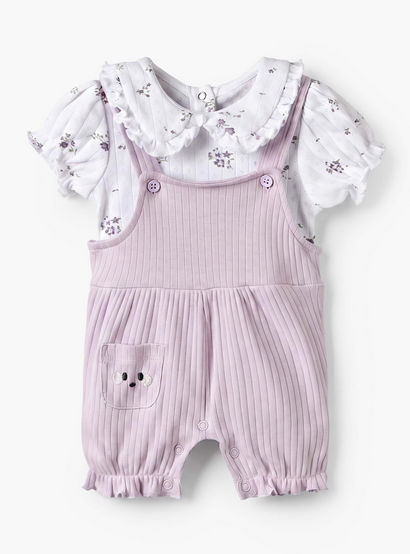 Juniors Collared Short Sleeves T-shirt and Dungaree Set with Floral Print-baby-girls-clothing-setsandcoords-image-2