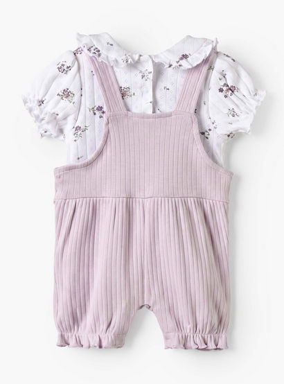 Juniors Collared Short Sleeves T-shirt and Dungaree Set with Floral Print-baby-girls-clothing-setsandcoords-image-3