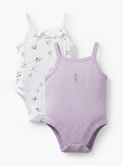 Pack of 2 Juniors Cotton Square Neck Sleeveless Bodysuit with Floral Print-baby-girls-clothing-bodysuits-image-1