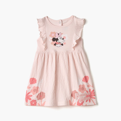 Disney Minnie Mouse Print Sleeveless Dress with Round Neck and Ruffle Detail - Pink / 12-18 mths