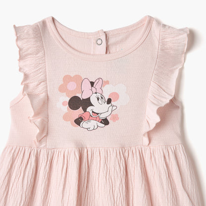 Disney Minnie Mouse Print Sleeveless Dress with Round Neck and Ruffle Detail