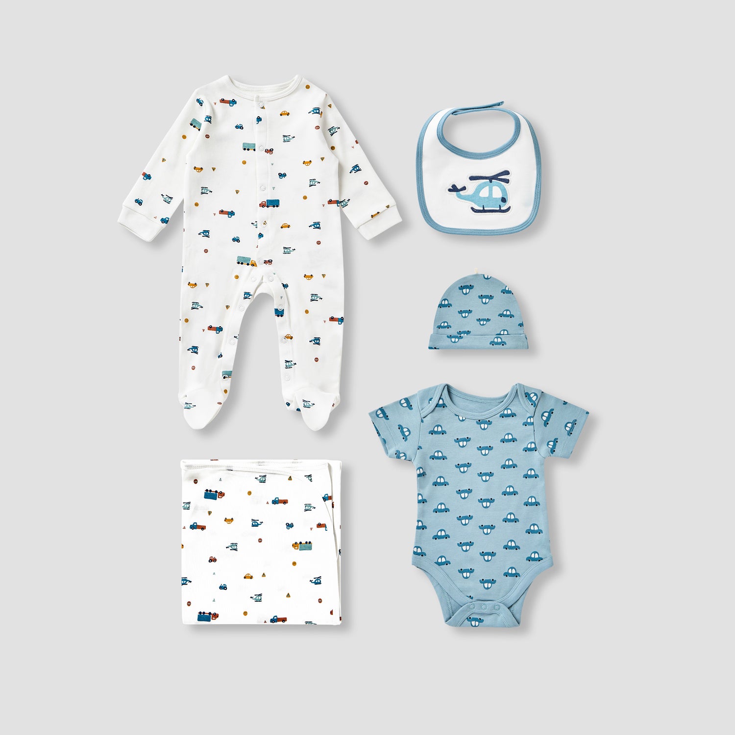 Juniors Vehicle Print 5-Piece Clothing Gift Set - Blue / 0-3 mths