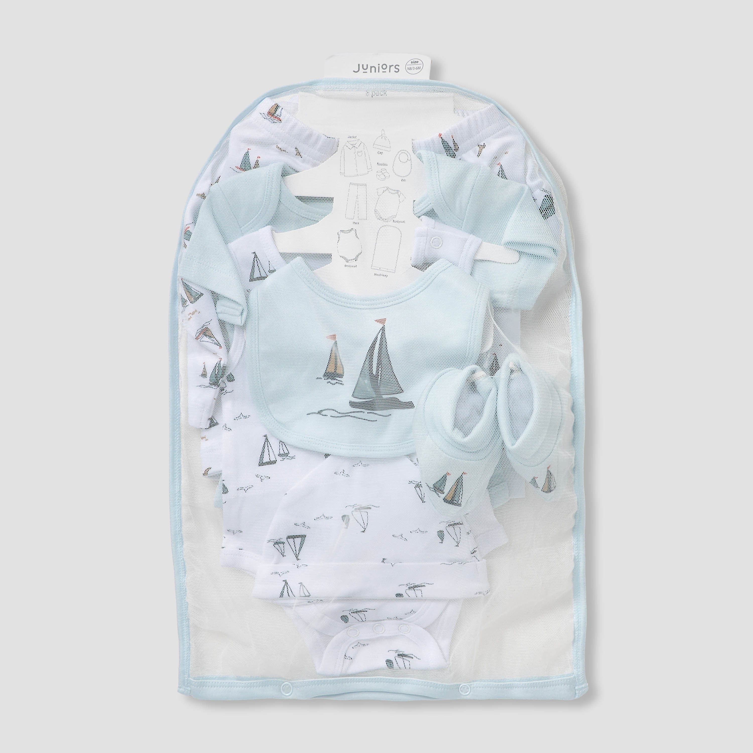 Set of 8 Juniors Clothing Gift Set with Sailboat Print - Blue / 3-6 mths