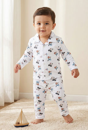 Disney Cotton Collared Long Sleeves Pyjama Set with Mickey Mouse and Donald Duck Print