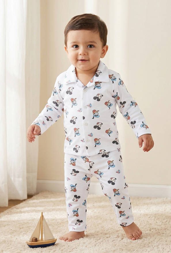 Disney Cotton Collared Long Sleeves Pyjama Set with Mickey Mouse and Donald Duck Print