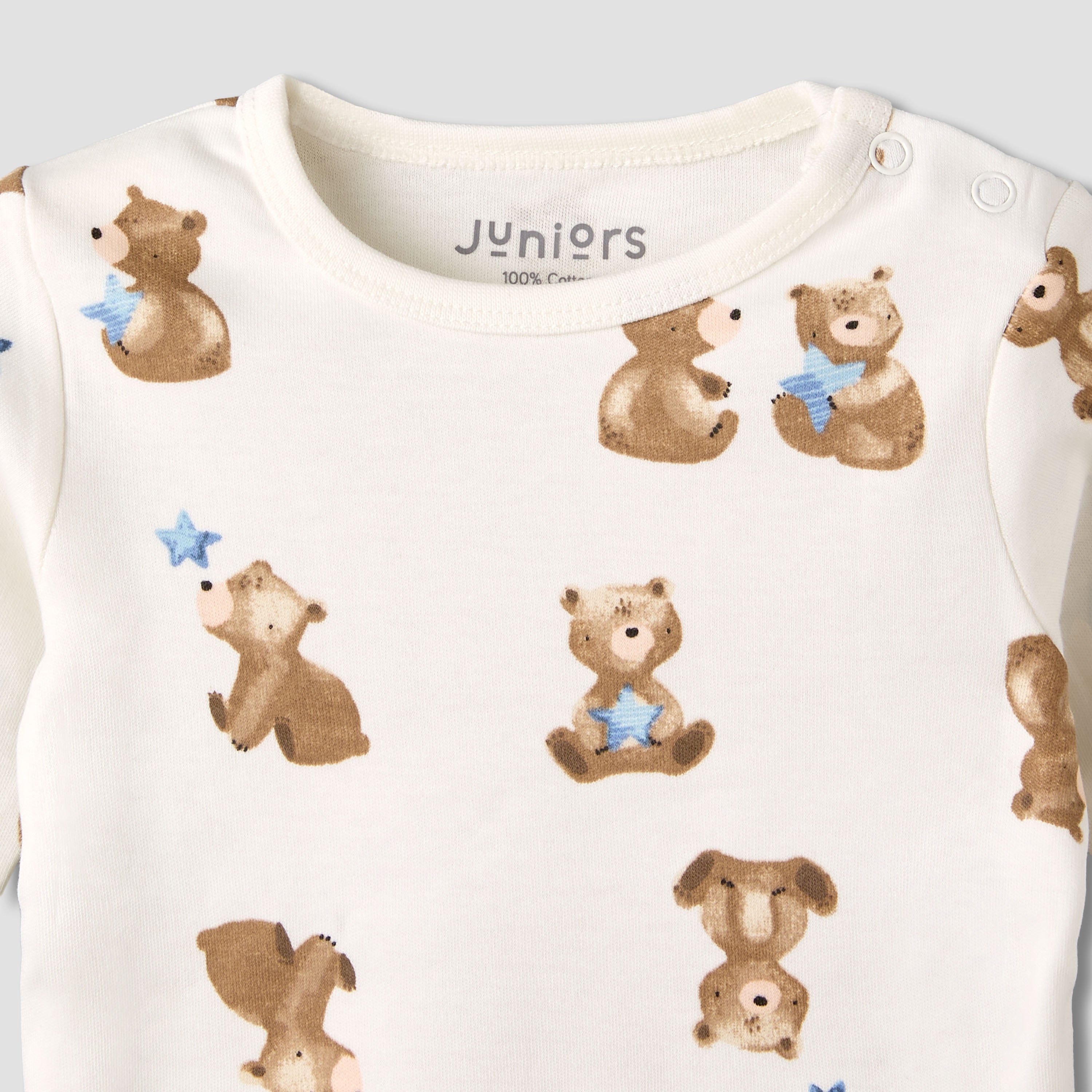 Pack of 3 Juniors Cotton Round Neck Long Sleeves Pyjama Set with Teddy Print