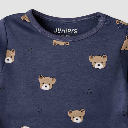 Pack of 3 Juniors Cotton Round Neck Long Sleeves Pyjama Set with Teddy Print