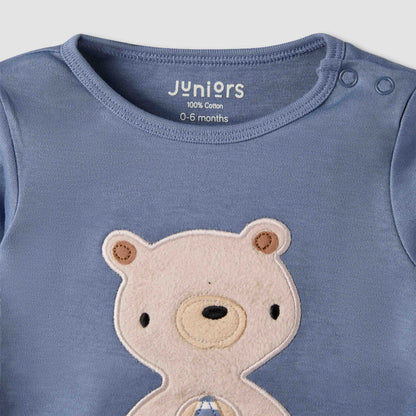 Pack of 3 Juniors Cotton Round Neck Long Sleeves Pyjama Set with Teddy Print