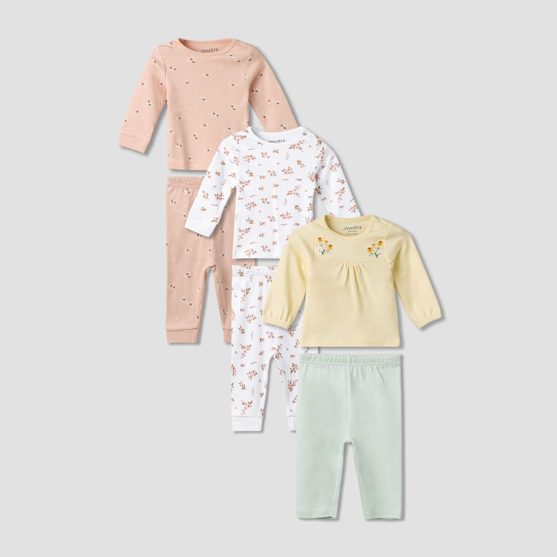 Pack of 3 Juniors Cotton Round Neck Long Sleeves Pyjama Set with Floral Print - Multicolour / 12-18 mths