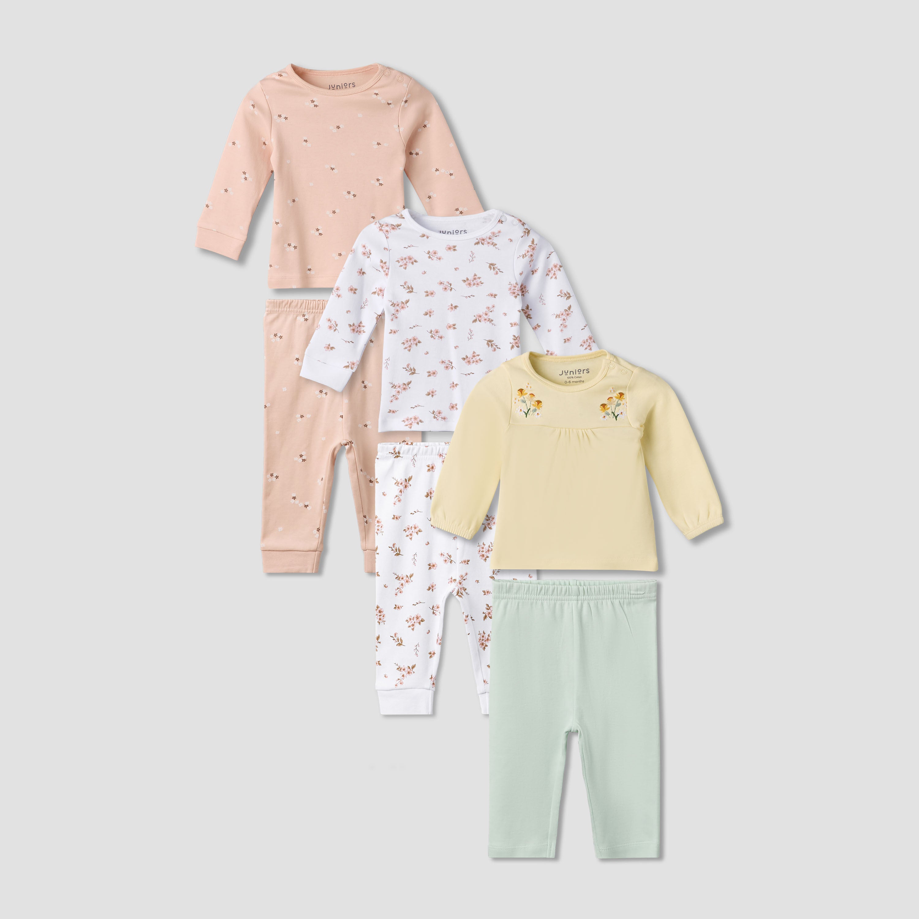 Pack of 3 Juniors Cotton Round Neck Long Sleeves Pyjama Set with Floral Print