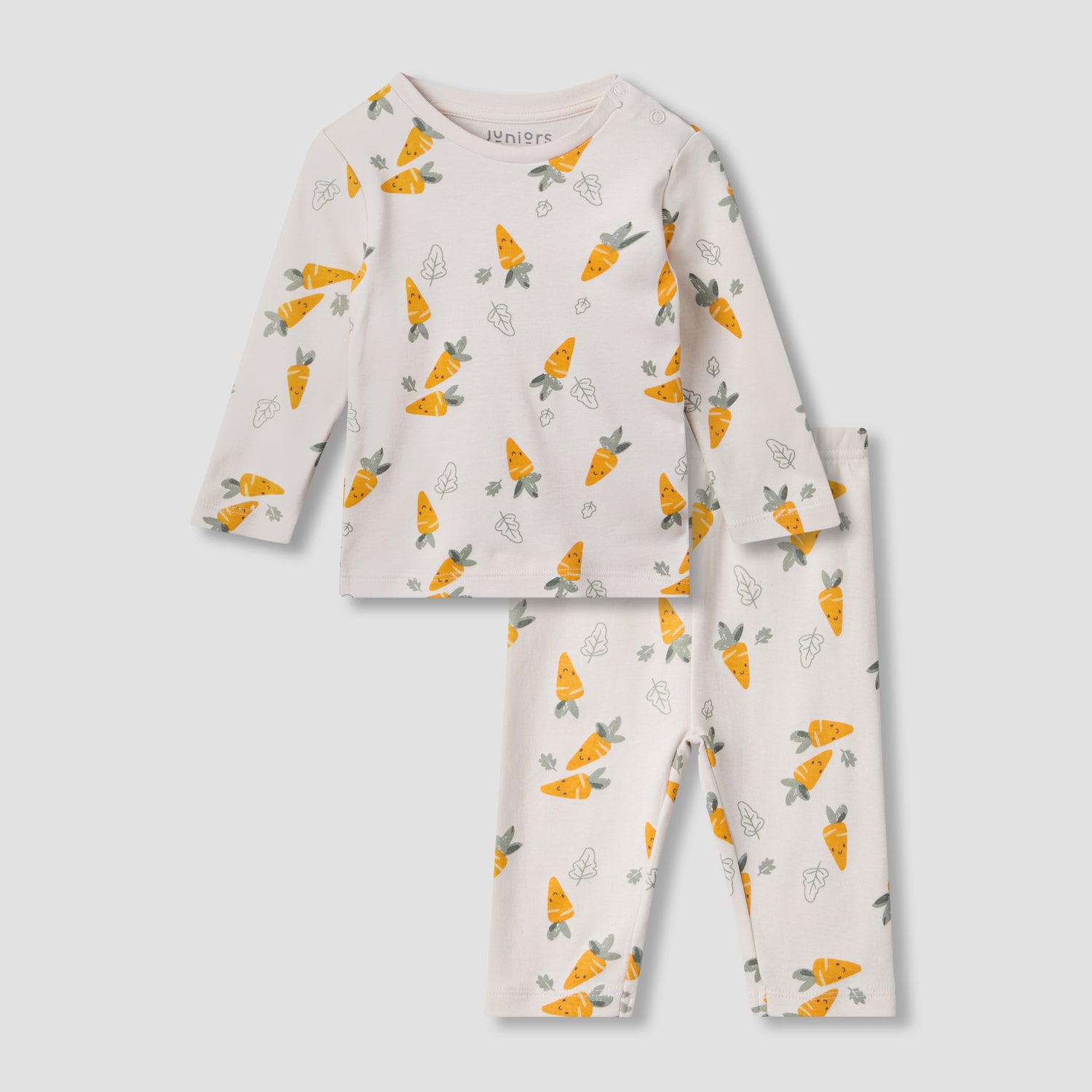 Juniors Cotton Round Neck Long Sleeves Pyjama Set with Carrot Print - Cream / 12-18 mths