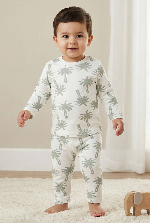 Juniors Cotton Round Neck Long Sleeves Pyjama Set with Palm Tree Print