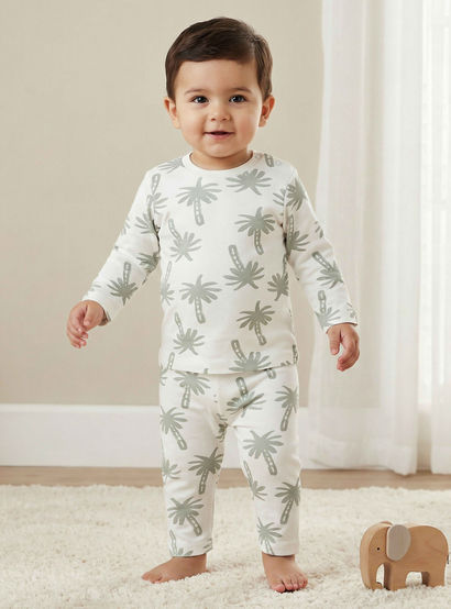Juniors Cotton Round Neck Long Sleeves Pyjama Set with Palm Tree Print-baby-boys-clothing-nightwear-pyjamasets-image-1